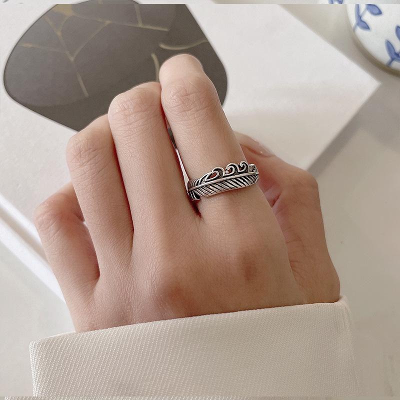 Retro 925 Silver Open Feather Ring - Exaggerated Non-Fading Hip Hop Jewelry for Men & Women