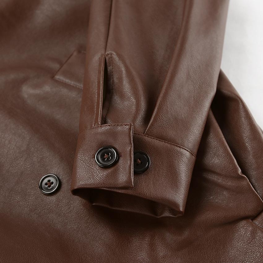 Casual Leather Jackets Women Loose V Neck Double Breasted Fashion Coats Female Autumn Winter Long Sleeves PU Outwears Lady