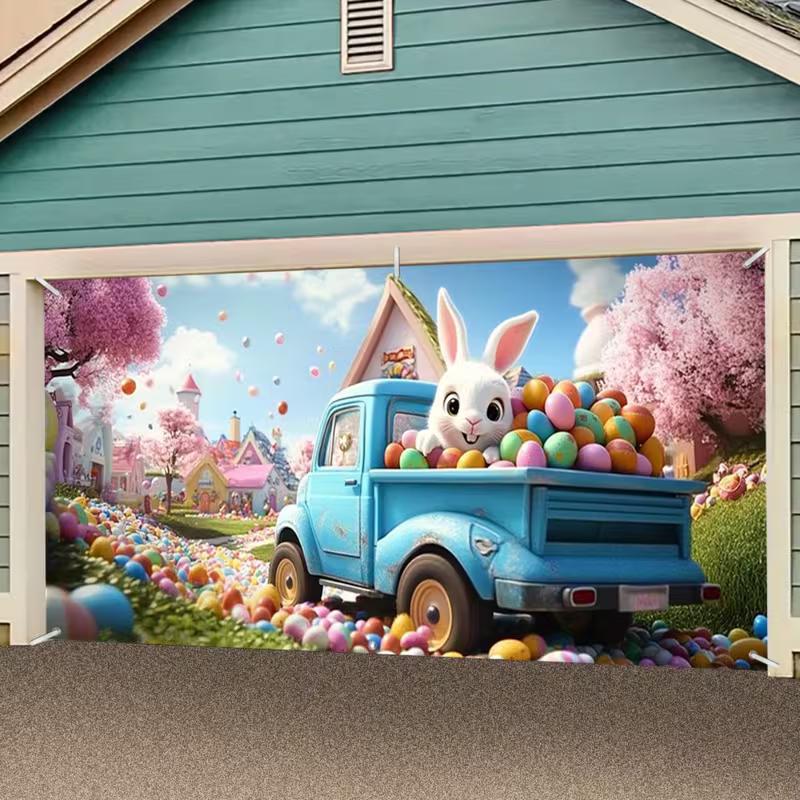 2D Easter Bunny Truck Backdrop Cloth Spring Cherry Blossom Village Outdoor Decor