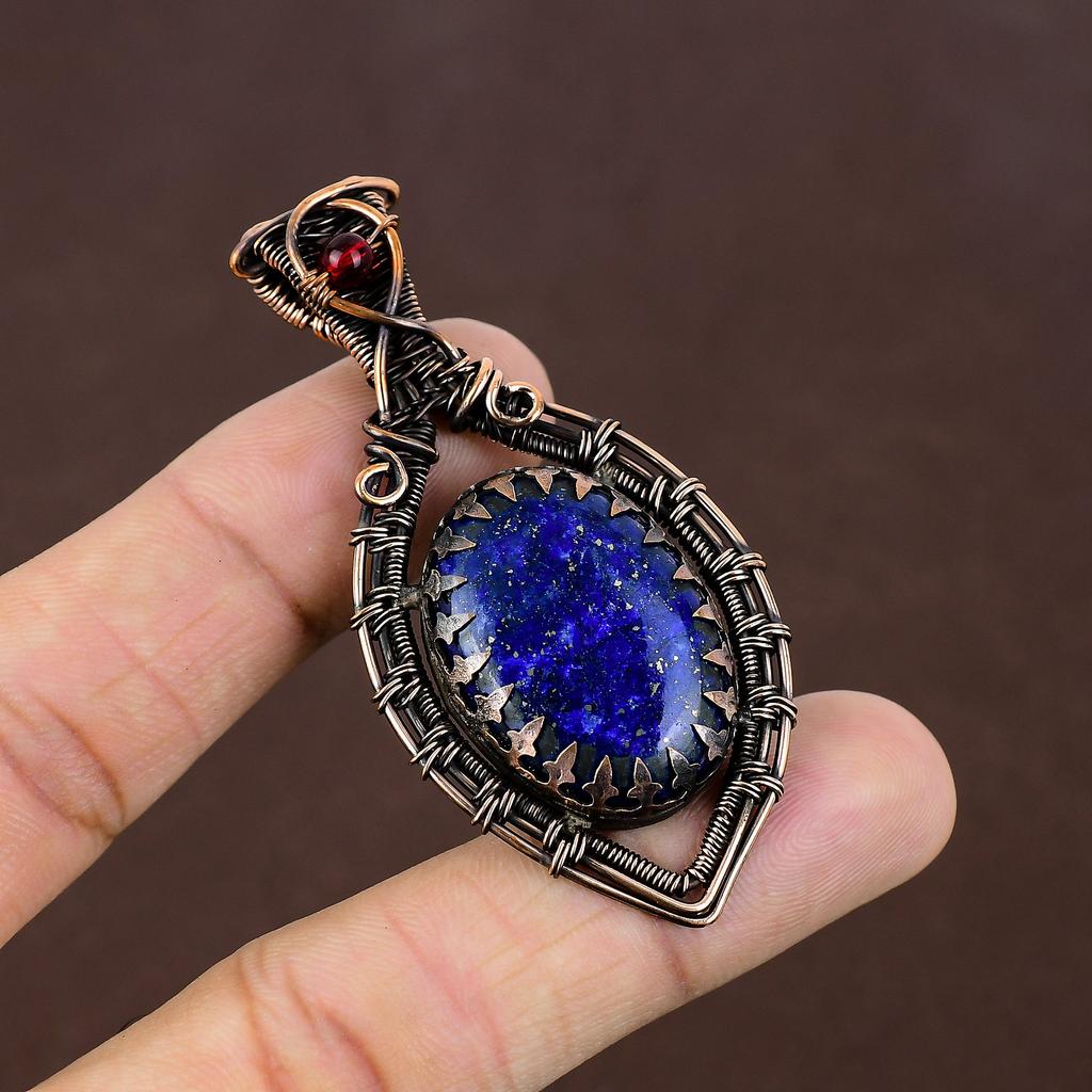 Natural Lapis Lazuli,Garnet Stone Handmade Copper Wire Wrap Pendant 2.56" I2Y10