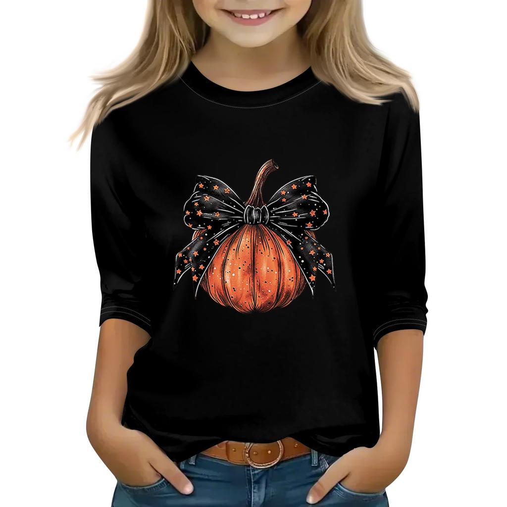 Print Tops For Youth Girls Round Neck 3/4 Sleeves T-Shirts Trendy Tops Outfit Tees