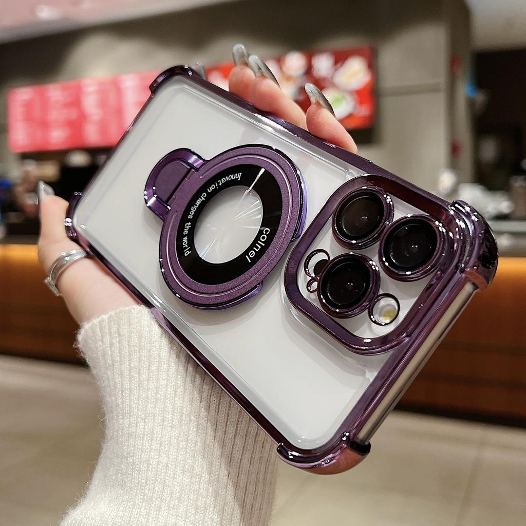 Fashion Plating Magnetic Bracket Case for 17 16 15 14 13 12 Pro Max Case With Holder Stand Shockproof Cover for Magsafe