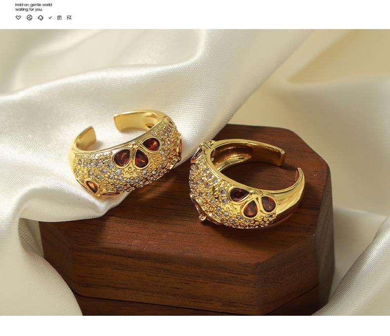 Luxurious French Court Style Copper Ring with Colorful Zircon Inlays, Adjustable for Women