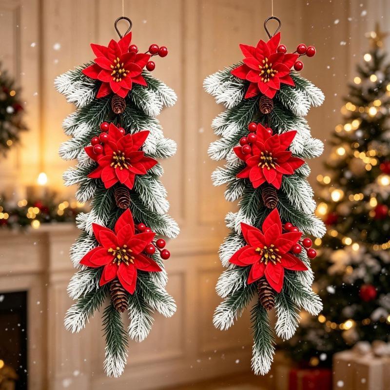 Christmas Teardrop Swag Wreath Artificial Poinsettia Pine Cone Red Berry Hanging Garland For Front Door Wall Home Xmas Decor