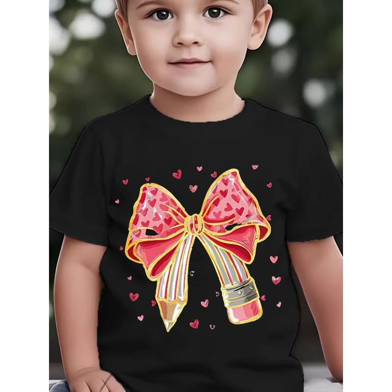 European sizes Back-to-School Season Kids' Short-Sleeve T-Shirt with Cartoon Pencil, Bow, Pink Heart Decoration, Striped Tie, Romantic Theme