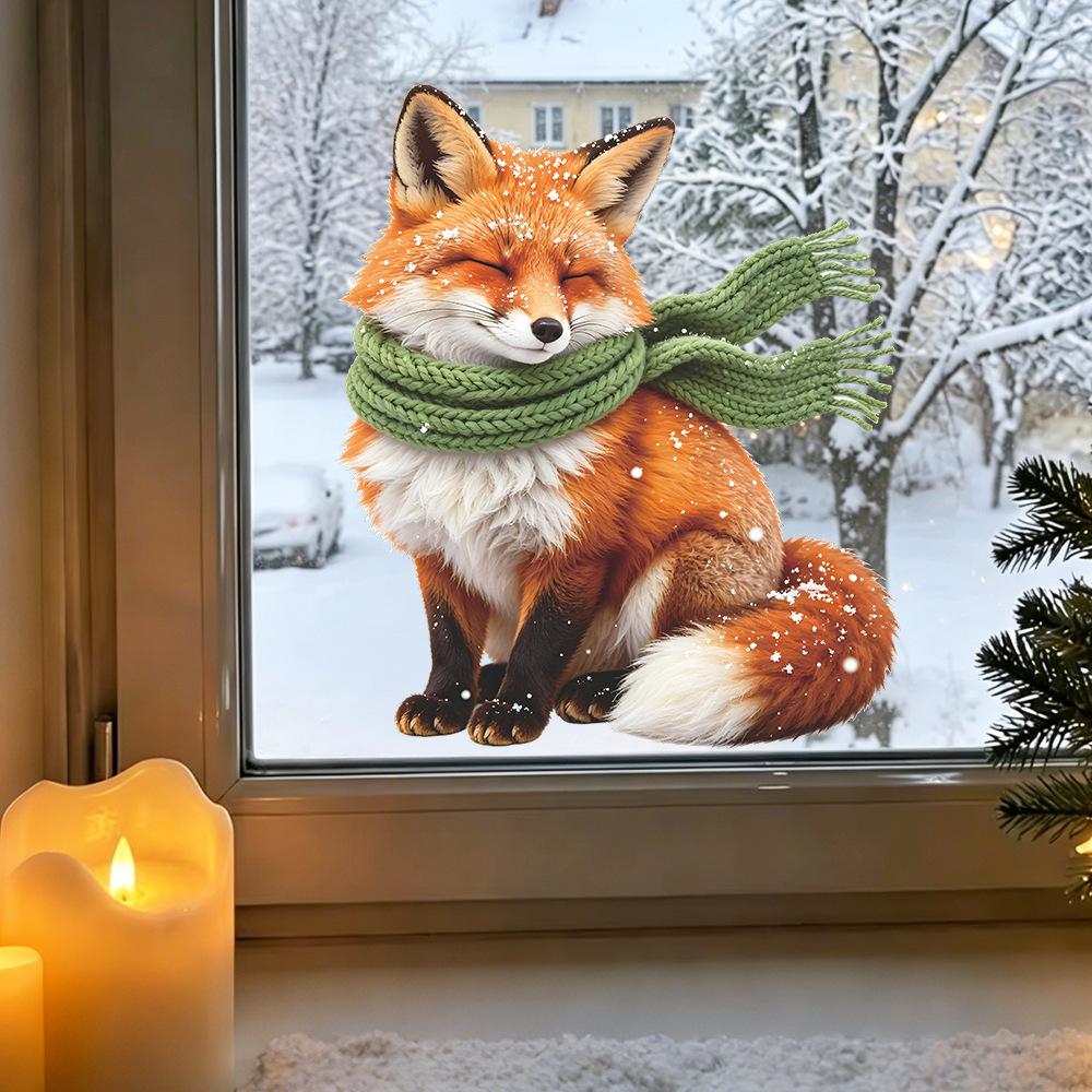 Green Scarf, Red Fox Home Decor, Glass Display Window Beautification Decorative Static Cling Stickers