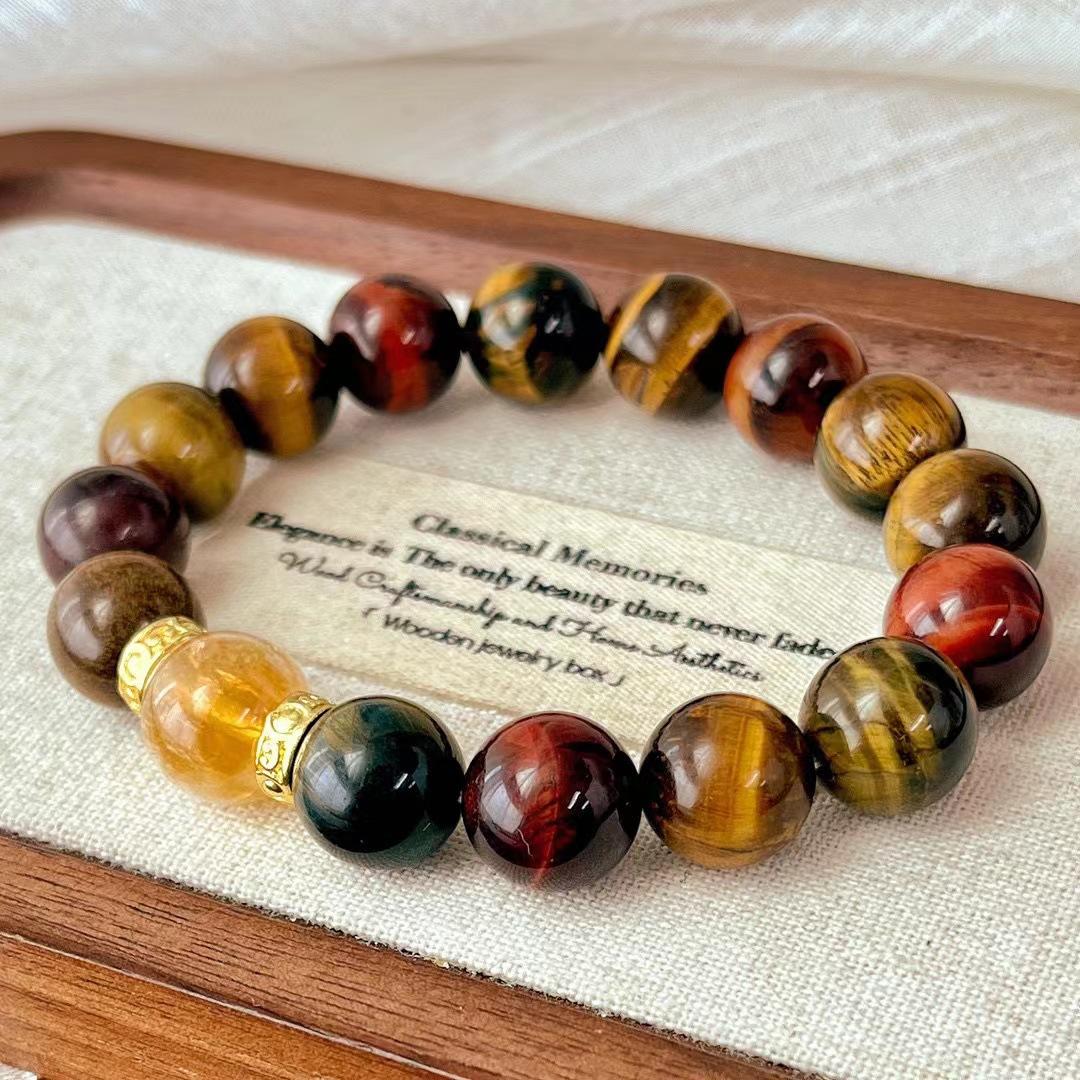 12Mm Large Particle Maillard Style Retro Natural Tiger S Eye Stone Bracelet, Citrine Bracelet.