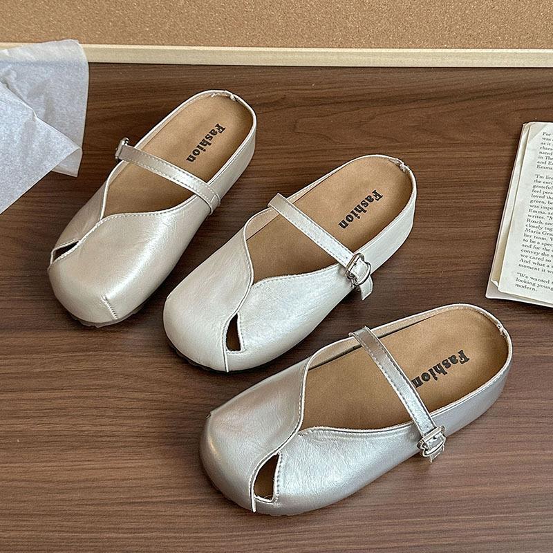 French Retro Mary Jane Single Shoes Women's 2025 New Summer Versatile Flat Bottom with Skirt Soft Sole Bean Half Slippers