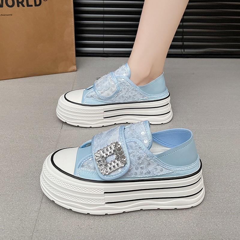 2025 summer new thick-soled casual Velcro board shoes student versatile diamond buckle breathable sequin mesh women's shoes are not stuffy