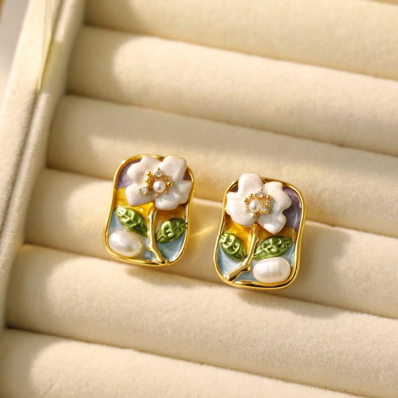 Handmade Baroque Pearl Earrings With Impressionist Garden Design Post Copper Base Matte Gold Green Finish