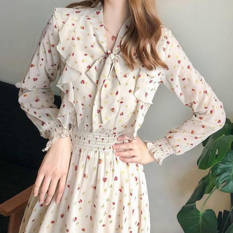 Šifonové šaty s květinovým potiskem Slim-Fit Dámské s dlouhým rukávem Spodnička Francouzská mašle Zeštíhlující Maxi sukně