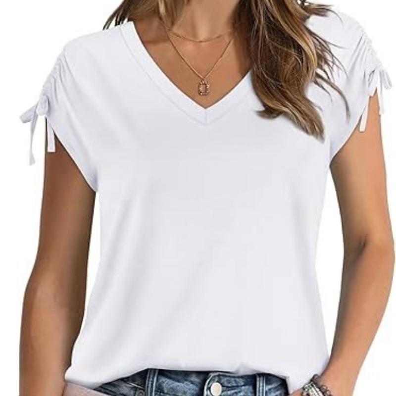 Women's Short Sleeve Top Drawstring Summer Fashion V-Neck T-Shirt