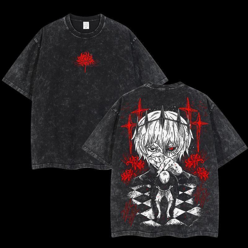 Tokyo Ghost Ken Kaneki Manga Printed T-shirt Vintage Washed Oversized T Shirt Pure Cotton Short Sleeve Tees Men Women Clothing