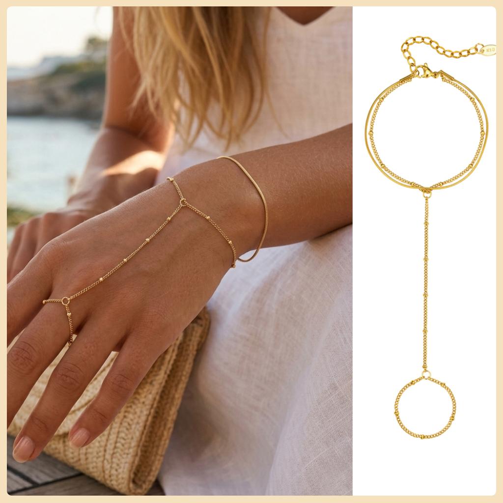 Bracciale Anello a Catena a Mano in Acciaio Inossidabile per Donna, Braccialetti Dita a Doppio Strato Placcati Oro Regolabili, Gioielli per Feste Estive