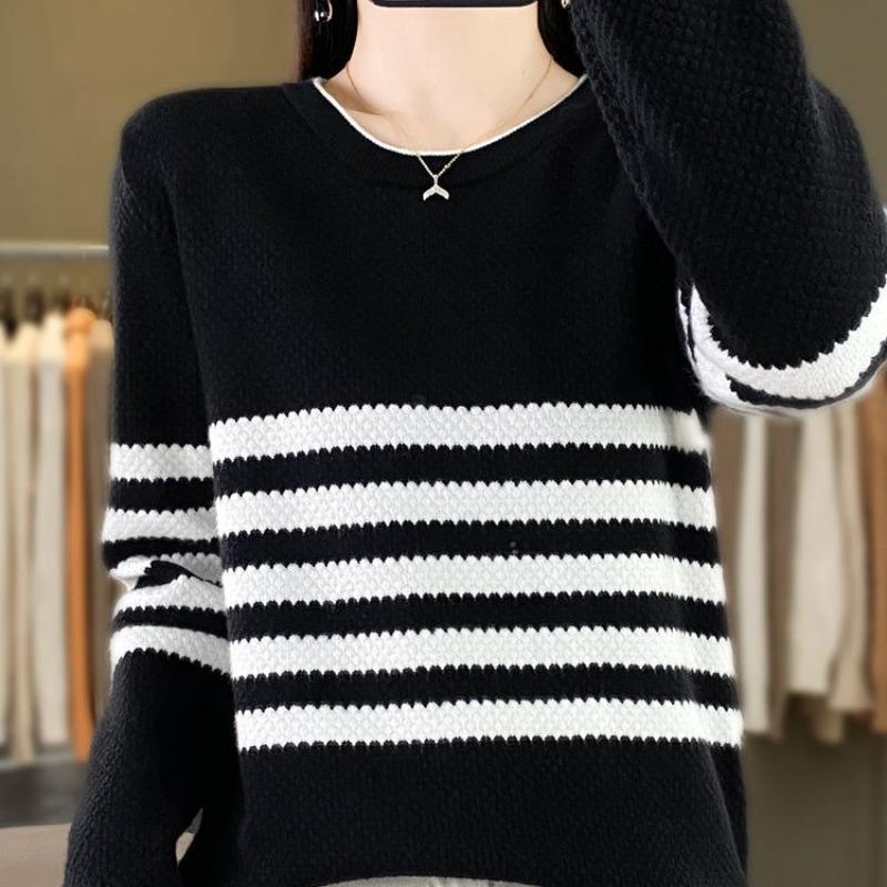 Autumn and winter new striped crew neck women's long-sleeved pullover sweater knitted sweater loose and thin top inside and outside