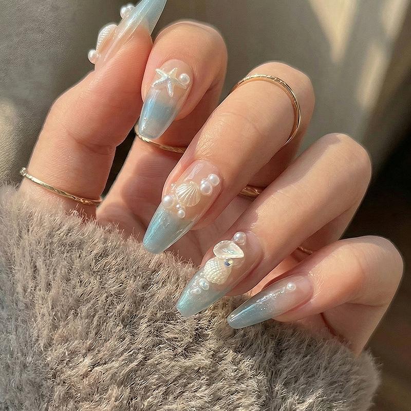 50Pcs Ocean Nail Art Charms Aurora Shell Starfish Mermaid Tail Nail Art Decors Gem Beach  Ice Clear Nail Decorations
