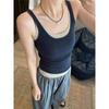 navy blue large neckline u-neck fake two-piece small suspender vest for women's summer wear knitted short sleeveless top