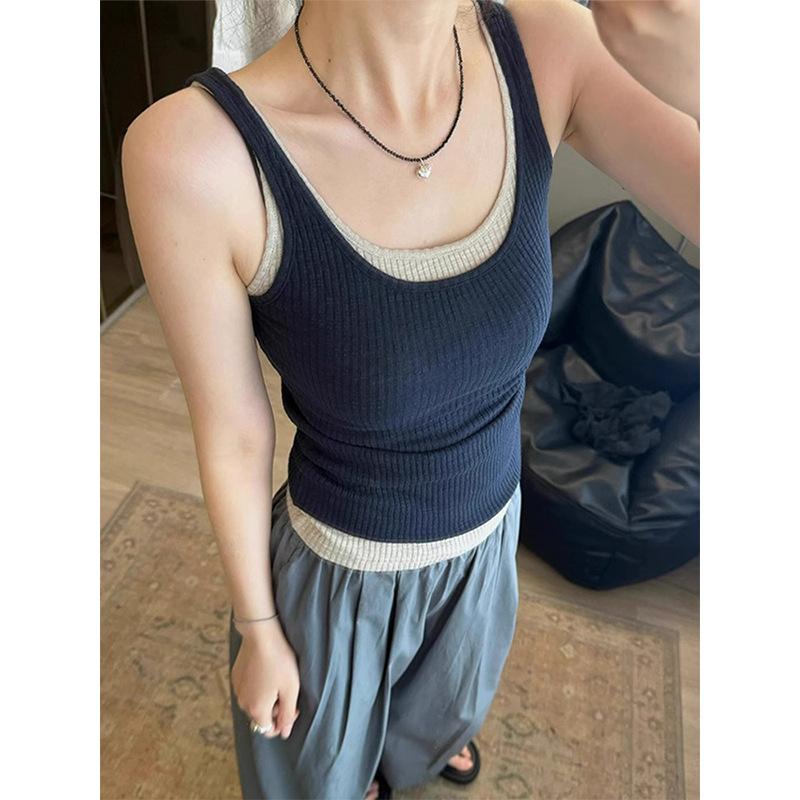 navy blue large neckline u-neck fake two-piece small suspender vest for women's summer wear knitted short sleeveless top