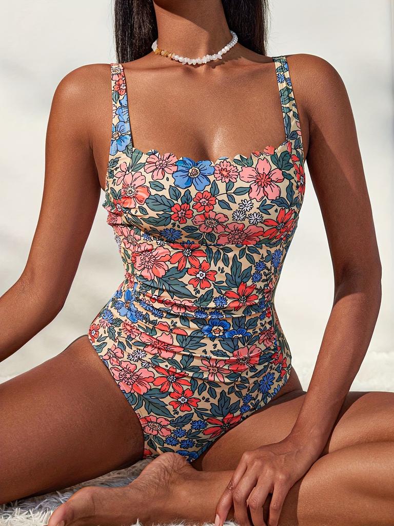 Sexy Floral Print Strap Slim Waist Backless Bikini Swimsuit For Summer Beach