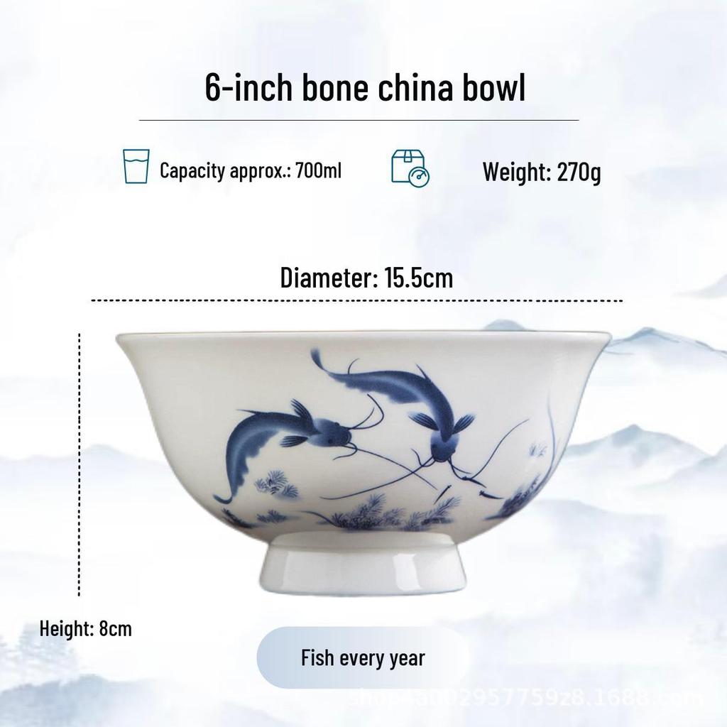 Blue and White High-Foot Bone China Noodle Bowl - Chinese-Style, Anti-Scald, Customizable for Birthdays