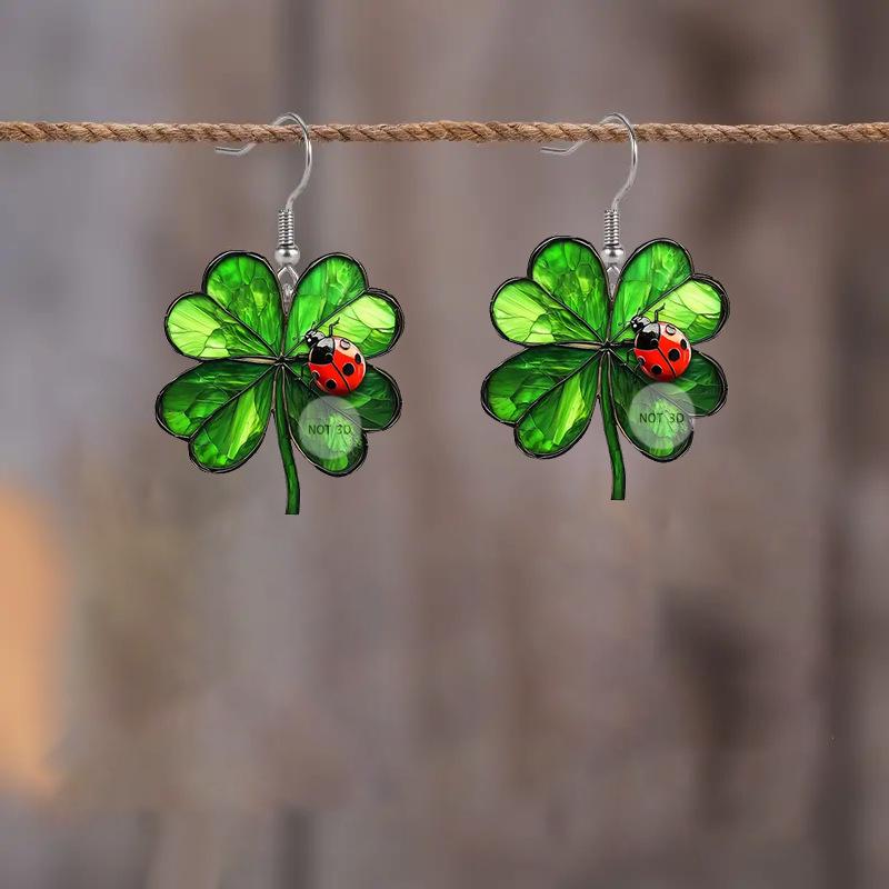 St. Patrick's Day Green Four-Leaf Clover Ladybug Acrylic Earrings