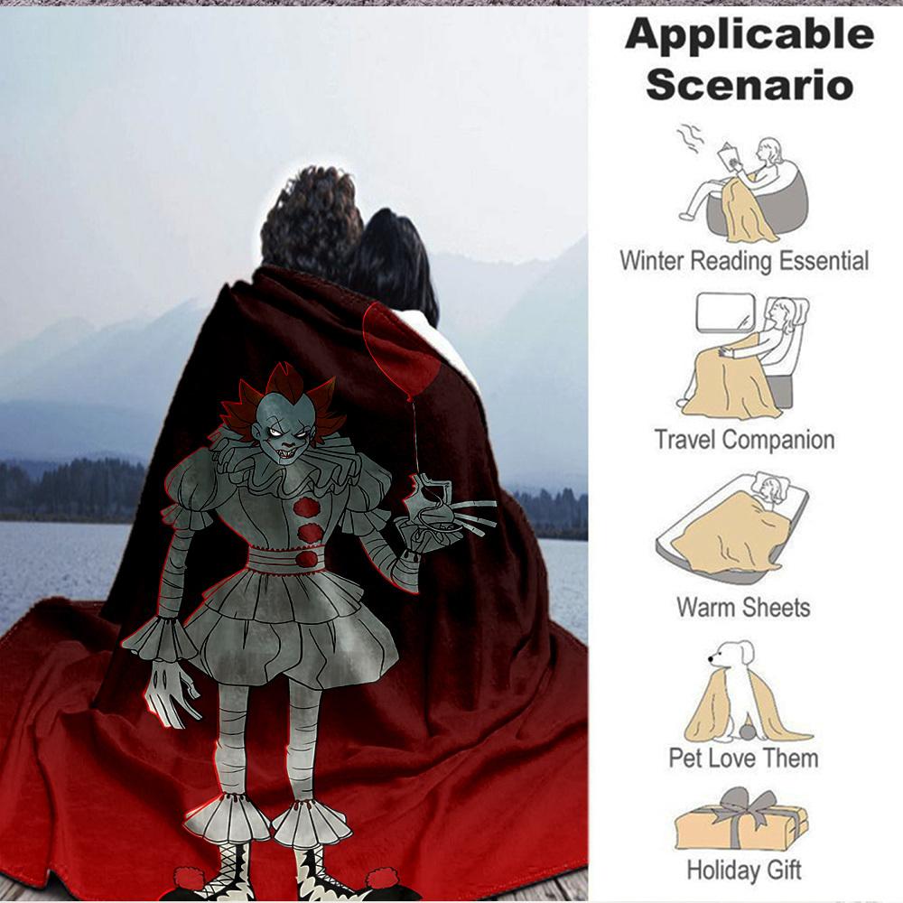 1pc It "Clown" Flannel Throw Blanket - HD Printed Lightweight Soft Warm All-Season Blanket for Sofa, Bed, Travel, Camping 007
