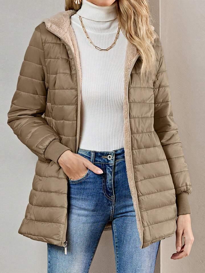 2026 Autumn/Winter Women s Slim-Fit Hooded Coat - Korean Style Fleece-Lined Lambswool Large хаки