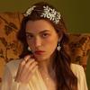 Gold Leaf Headband Hair Comb & Jewelry Set for Women: Includes Open Arm Bracelet, Pearl Earrings, and Necklace