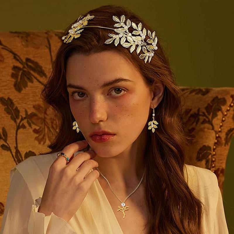 Gold Leaf Headband Hair Comb & Jewelry Set for Women: Includes Open Arm Bracelet, Pearl Earrings, and Necklace