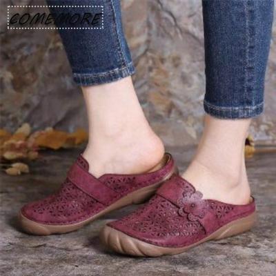 2025 Women Hollow Out Slippers Woman Comfortable Buckle Slides Ladies Leather Mules Female Applique Wedges Woman Shoes Plus Size
