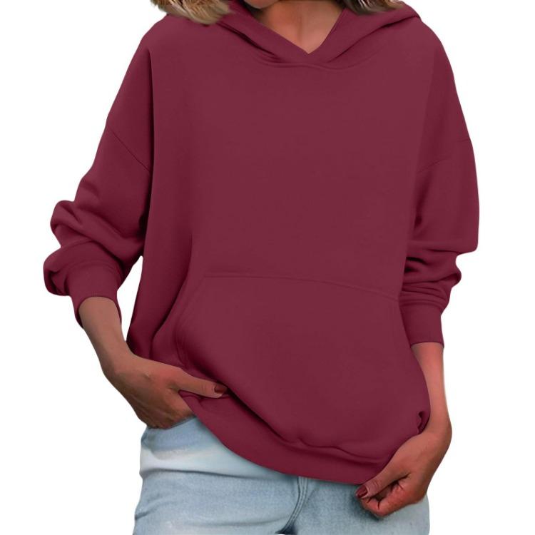 Casual Fleece Pullover Hoodie Women Loose Long Sleeve Solid Color Sweatshirt S винный