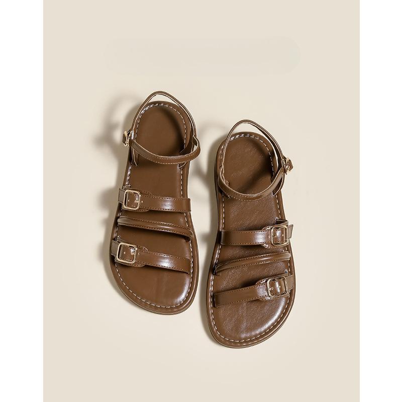 

Soft sole and soft surface~ French one-word strap Roman shoes 2025 summer new flat-bottomed retro belt buckle sandals women 35 коричневый