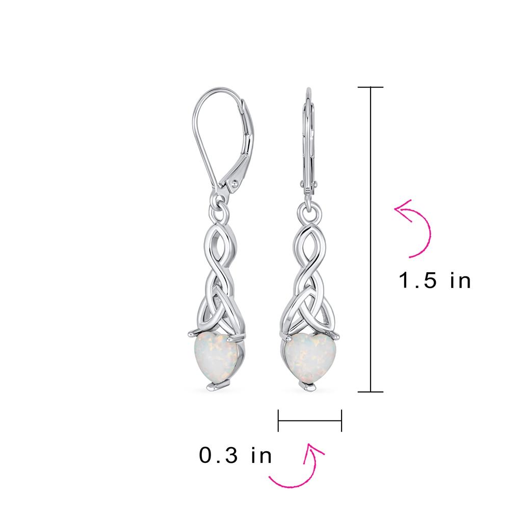 Romantic Jewelry White Heart Shape Opal Love Knot Dangle Irish Celtic Earrings for Women Teens Lever Back Sterling Silver Inch Length .925 1.5