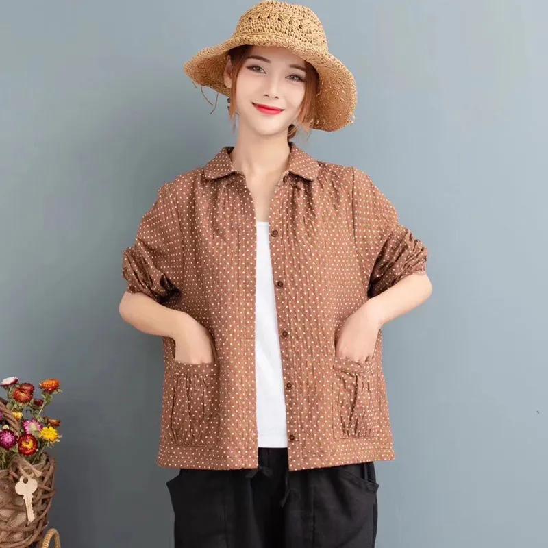 

Хлопково-льняная куртка женская свободная весенне-осенняя ретро тонкая большого размера с длинным рукавом рубашка топ XXXL