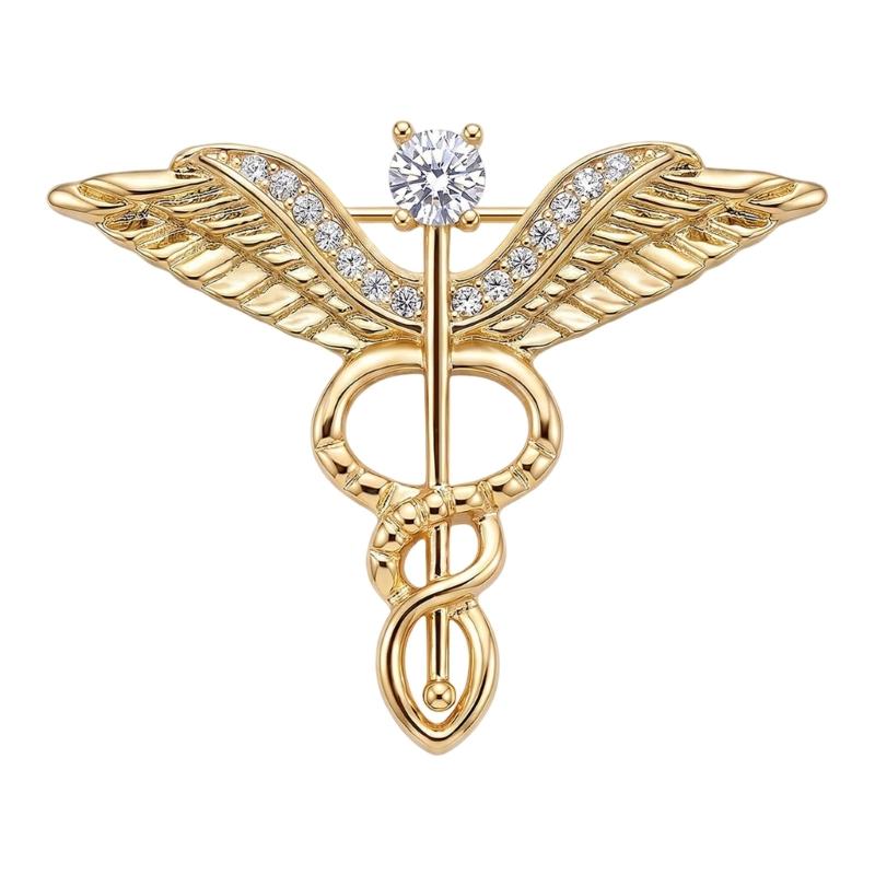 Lapel Brooch Accessory with Clear Stone Caduceus Shape, Copper Pin for Jacket, Scarf and Collar Outfit Wear Styling