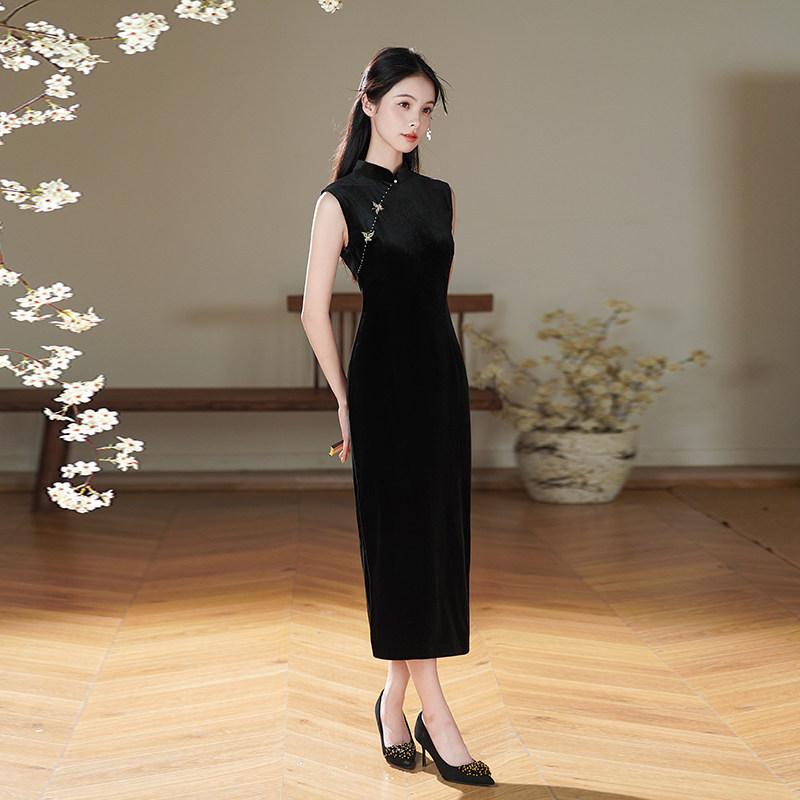 Black velvet sleeveless national style new Chinese style Suzhou autumn cheongsam improved young 1011 new women's high sense