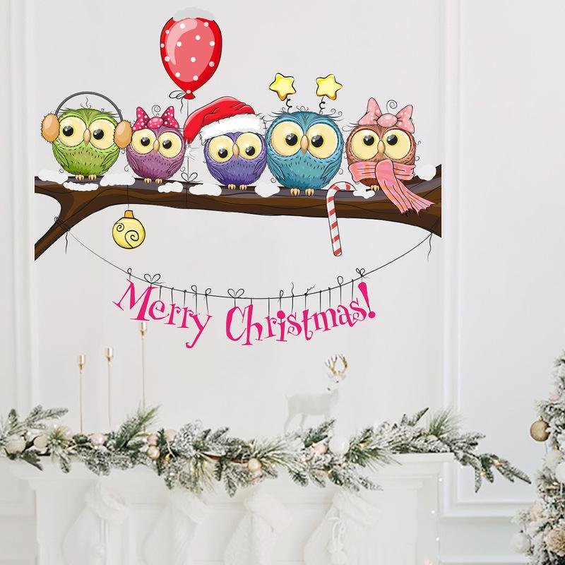 Merry Christmas Window Wall Stickers Posters Decals Waterproof Owl New Year Christmas Tree Decorations Home Decor Xmas