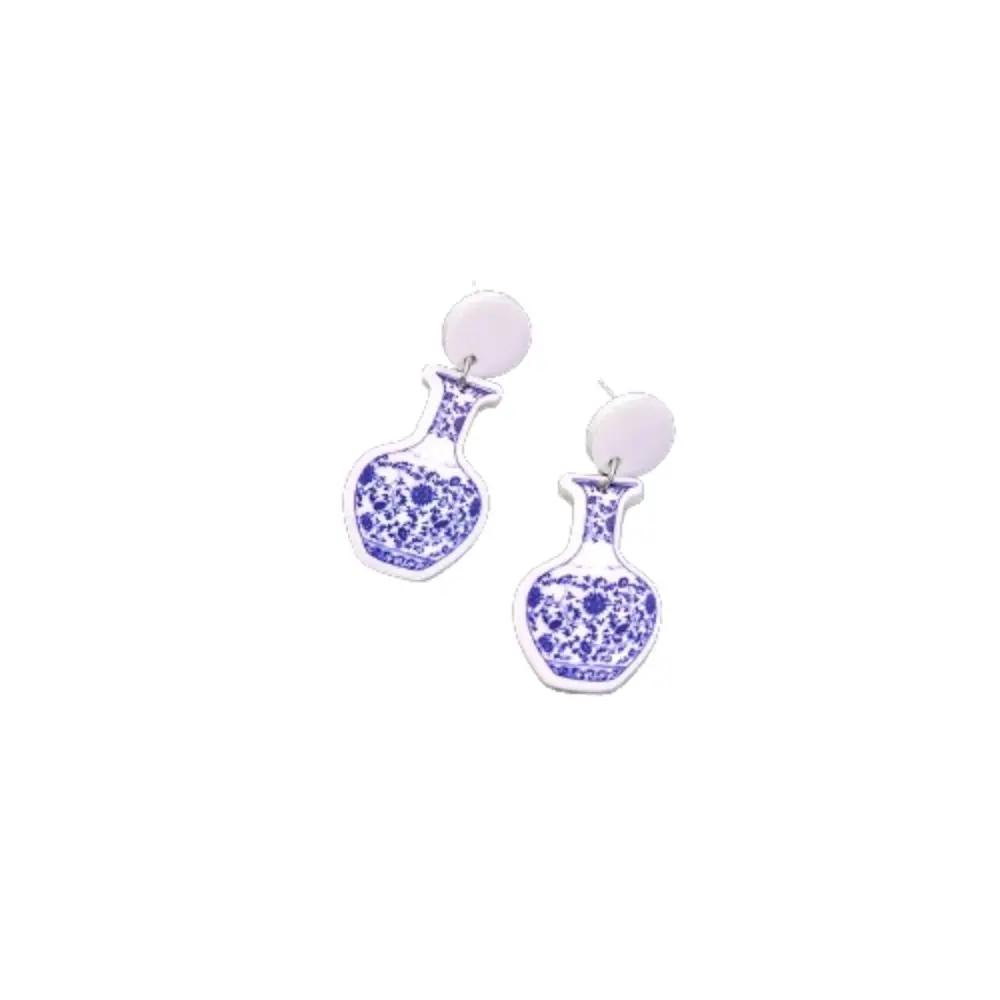 Vintage Blue and White Porcelain Earrings Wave Point Elegant Elegant Geometric Earrings Electroplating Geometric