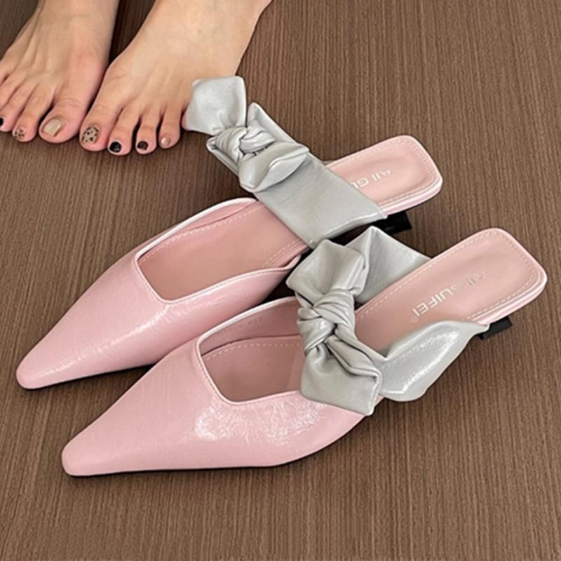 Fashion Sweet Butterfly-knot Low-heeled Slippers Women Elegant Pointed Toe Slingback Slide Sandals Comfort Concise Designer Office Shoes