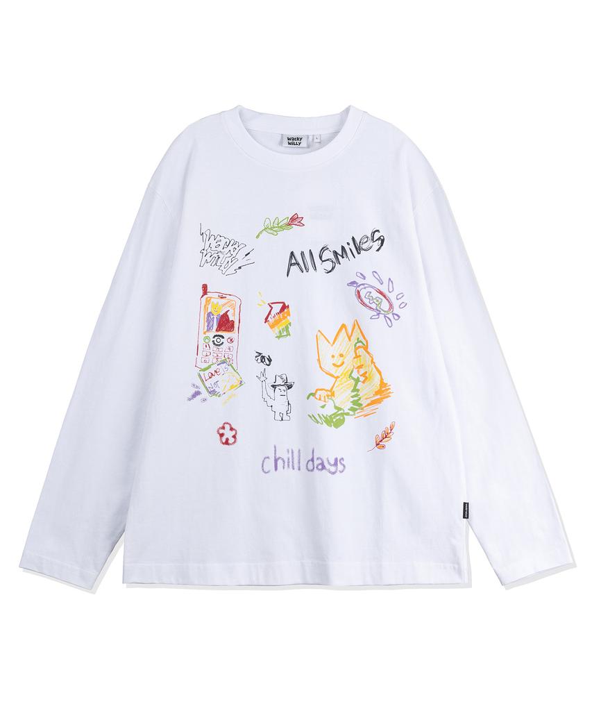 WACKY WILLY Kiki Multi-Graphic Long Sleeve T-Shirt White