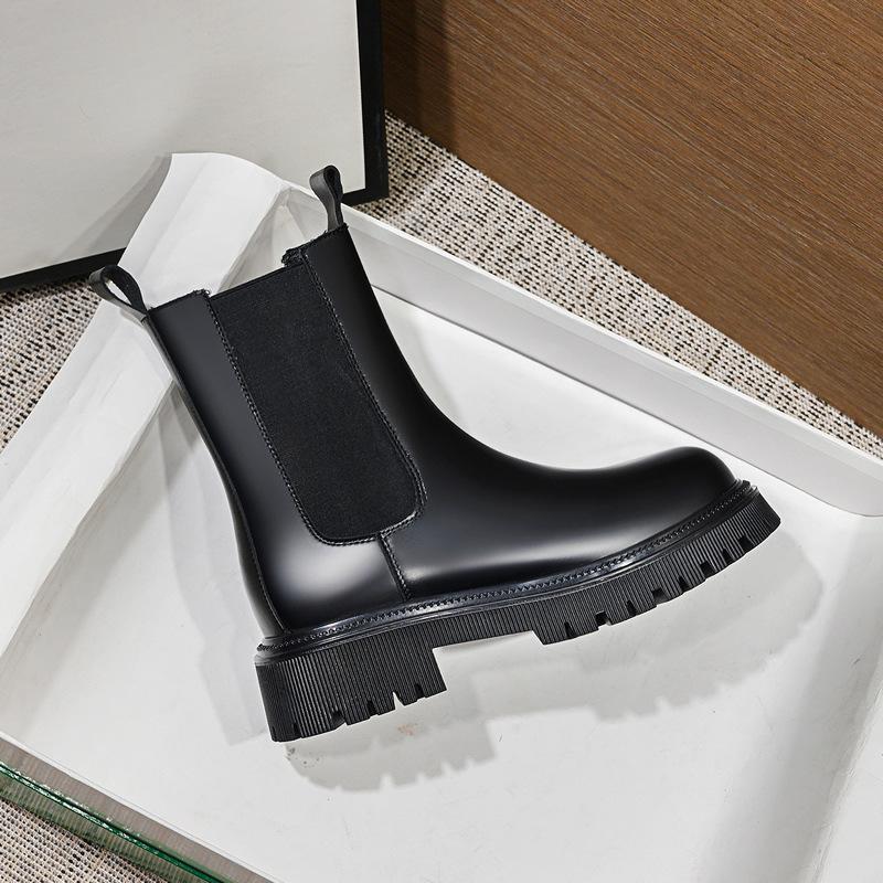 Inner Height Increasing Martin Boots Women's British Style Medium Tube Thick-soled Retro Smoke Boots Chelsea Boots Autumn and Winter Versatile Short