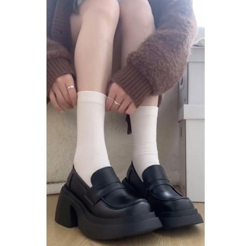 

Туфли на платформе из кожи женские в британском стиле, увеличивающие рост, весенние новые туфли на толстом каблуке, лоферы с одной педалью, универсальные 35