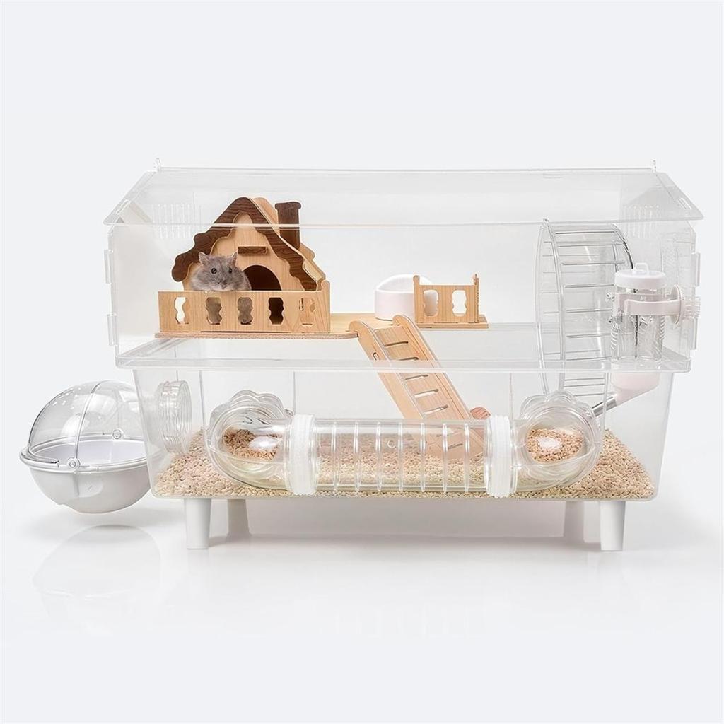 Cage Tout-en-Un en Acrylique pour Hamster, Souris et Gerbille avec Roue Silencieuse de 18 cm et Kit de Tubes, 17,7x11,8x13,8