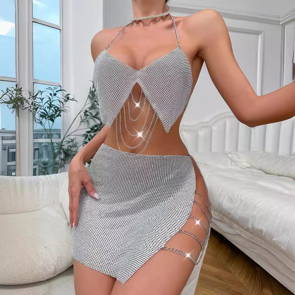 Fashion 2025 22 Summer New Sexy Backless Metal Nightclub Set