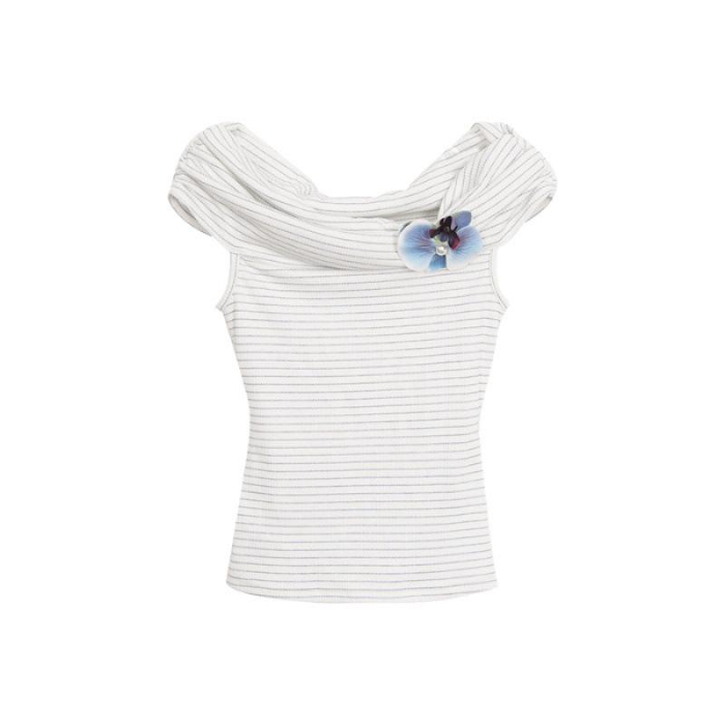 

Женская синяя полосатая облегающая футболка с открытыми плечами XL