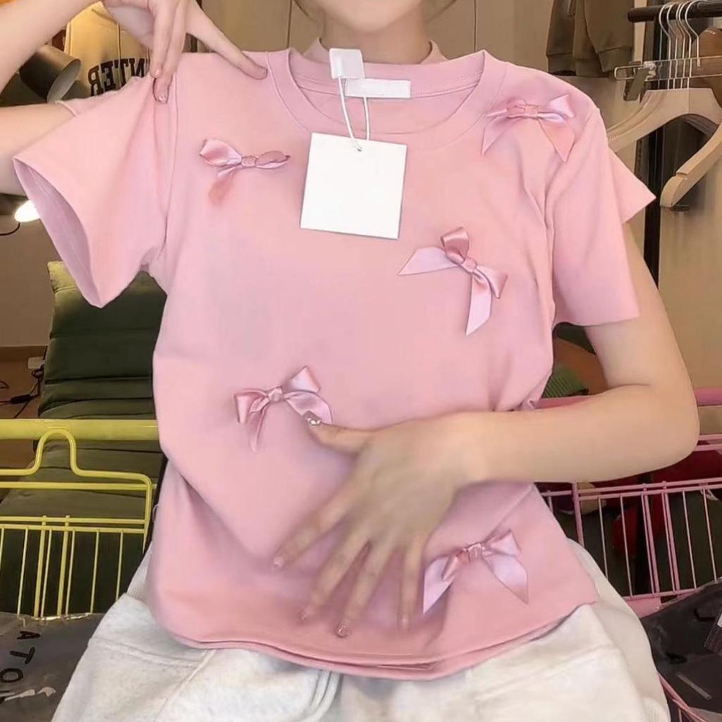 Japanese Pink Bow Short Sleeve T-shirt - Sweet & Spicy Niche Slim Fit Summer Top
