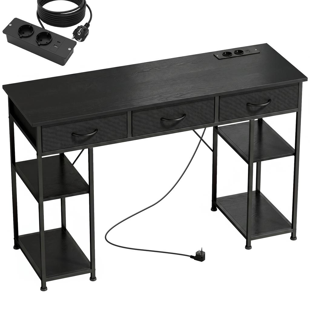 Desk with Storage and Power Outlets, 3 Fabric Drawers, 4 Shelves, 120 x 40 x 76 cm, Black