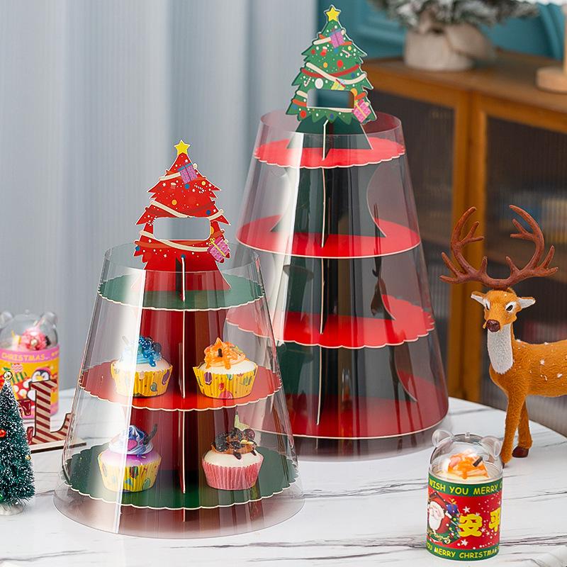 Christmas Paper Cupcake Packaging Box, Multi-layer Transparent Thickened Happiness Tower Packaging Box, Dessert Table