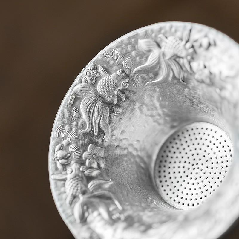 Handcrafted Hammered Pure Tin Tea Strainer with Wooden Handle and Filter Mesh Kung Fu Tea Accessories