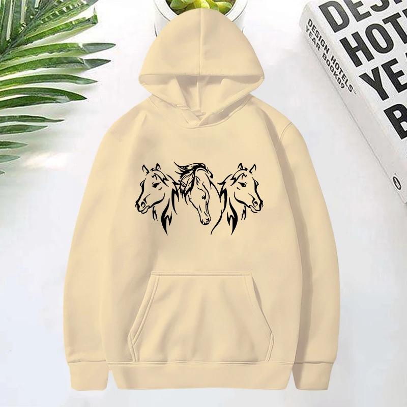 Horse Head Pattern Print Hoodies for Women Fashion Casual Sports Sweatshirts Ladies Pullovers Tops
